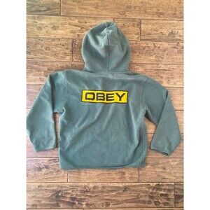 Vtg Obey Hoodie Green Gold Spellout Embroidered Patch Small Y2K Grunge